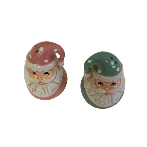Johanna Parker Design Christmas Salt & Pepper Shaker Ceramic Pink Green Claus - Picture 2 of 3